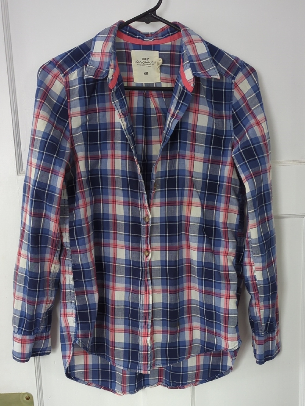 H&M Navy Blue Red White Plaid Casual Button-Down Shirt